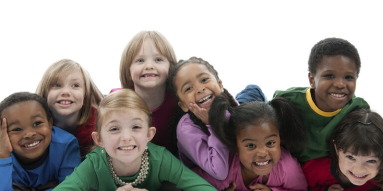 A diverse group of children on a white background
